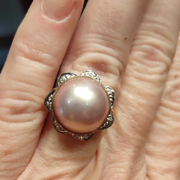 Pink Mabe Pearl Ring White Gold Accents, Pinpoint Diamonds, 14kt Yellow Gold - Picture 2 of 7